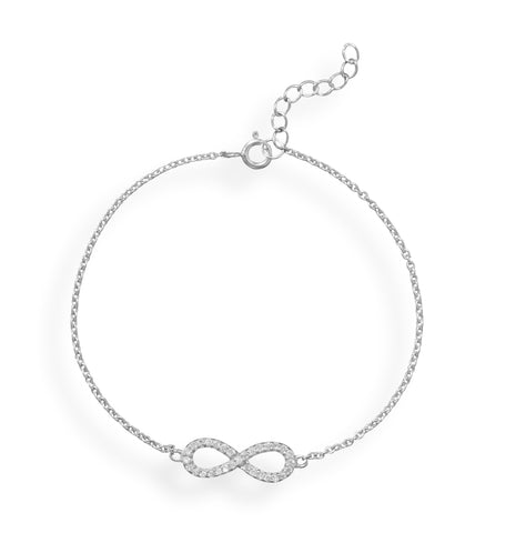 Infinity Bracelet with Cubic Zirconia Adjustable Length Rhodium on Sterling Silver - Nontarnish