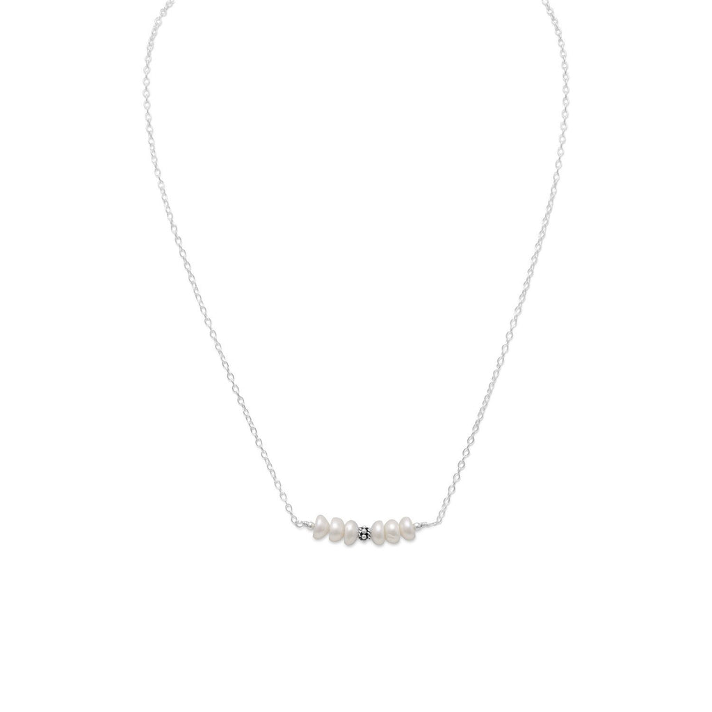 White Cultured Freshwater Pearl Bar Necklace with Antique Bead Sterling Silver - Made in the USA