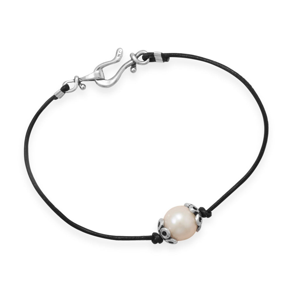 Single Cultured White Pearl Bracelet on Black Leather Cord with Easy Hook Clasp