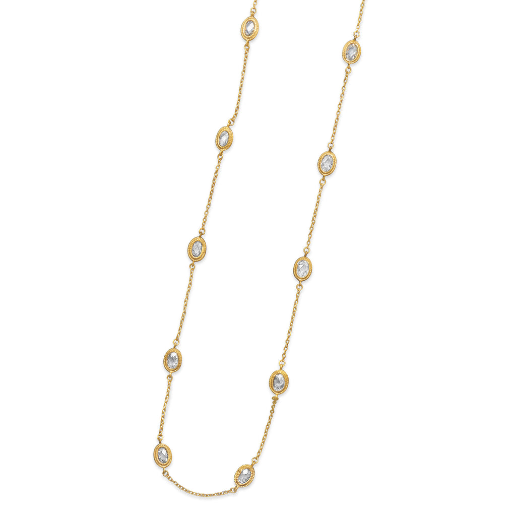 Station Style Necklace with Gold-plated Sterling Silver and Cubic Zirconia 36-inch Length