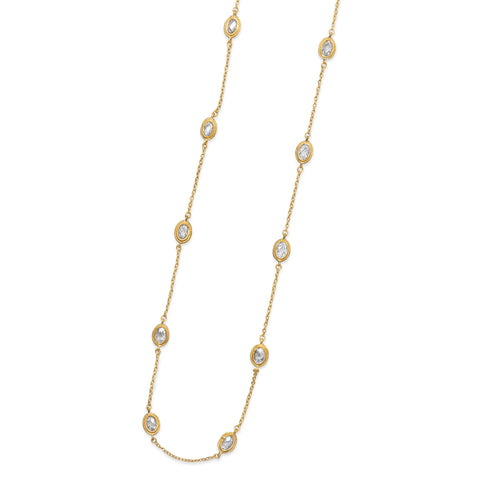 Station Style Necklace with Gold-plated Sterling Silver and Cubic Zirconia 36-inch Length