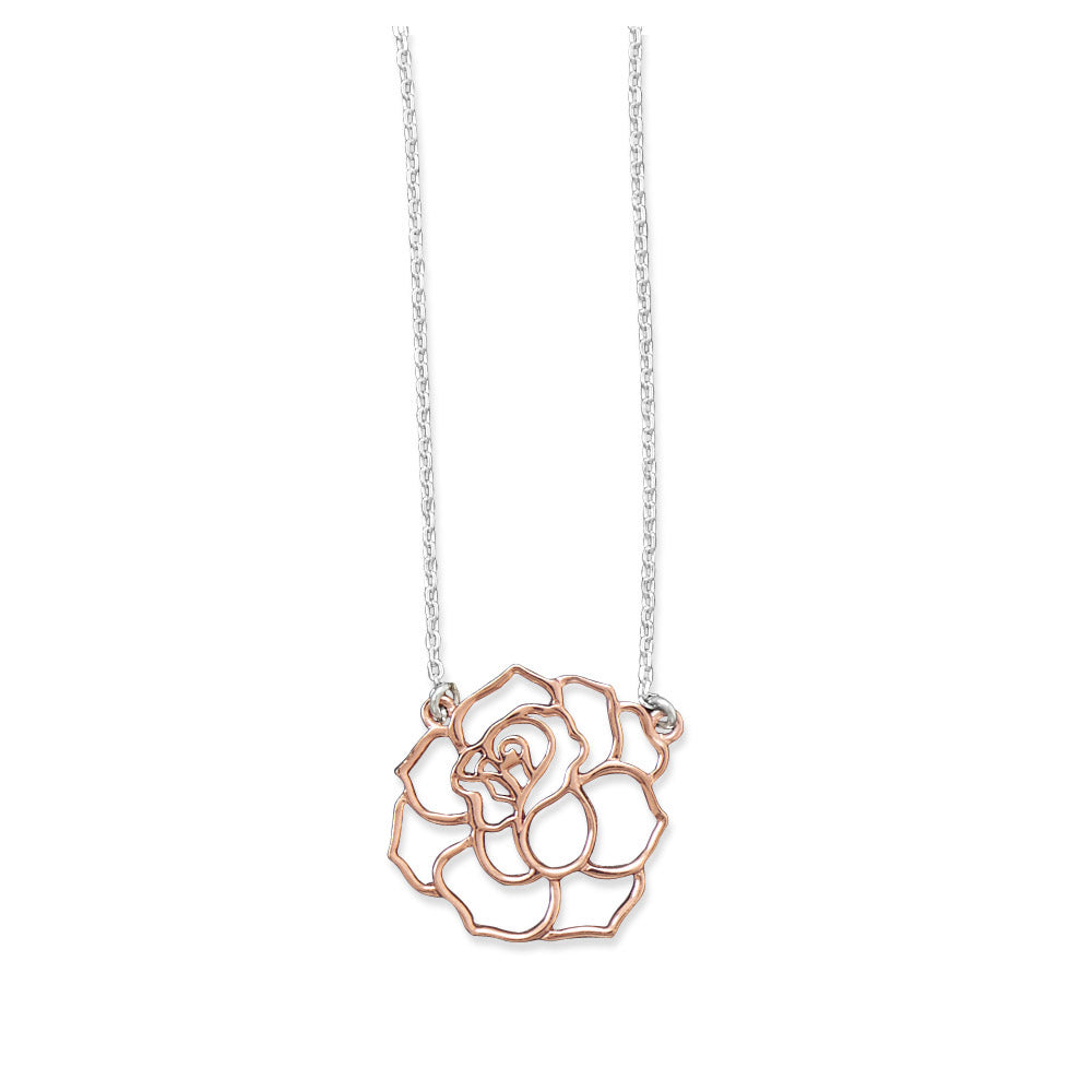 Rose Pendant Necklace Open Cut Design Sterling Silver with Rose Gold, 18-inch length