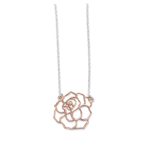 Rose Pendant Necklace Open Cut Design Sterling Silver with Rose Gold, 18-inch length