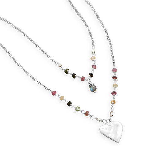 Tourmaline Double Strand Necklace with Labradorite and Heart Drop