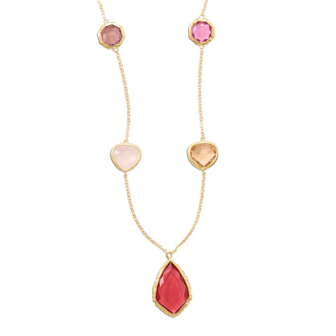 Wildfire Fashion Shades of Red and Pink Glass Station Necklace Gold-Plated Sterling Silver