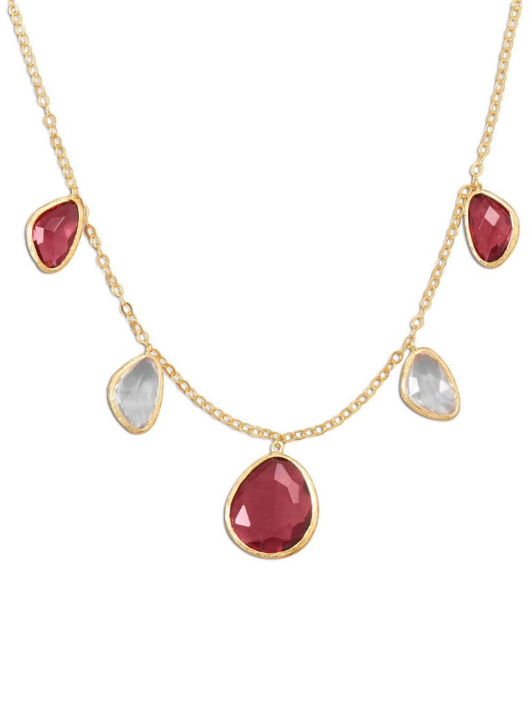 Red and Clear Faceted Glass Necklace Gold-plated Sterling Silver