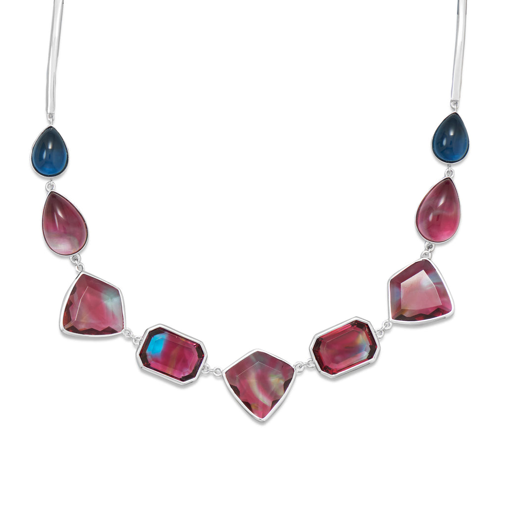 Wildfire Fashion Red and Blue Glass Stone Necklace Rhodium on Sterling Silver - Nontarnish