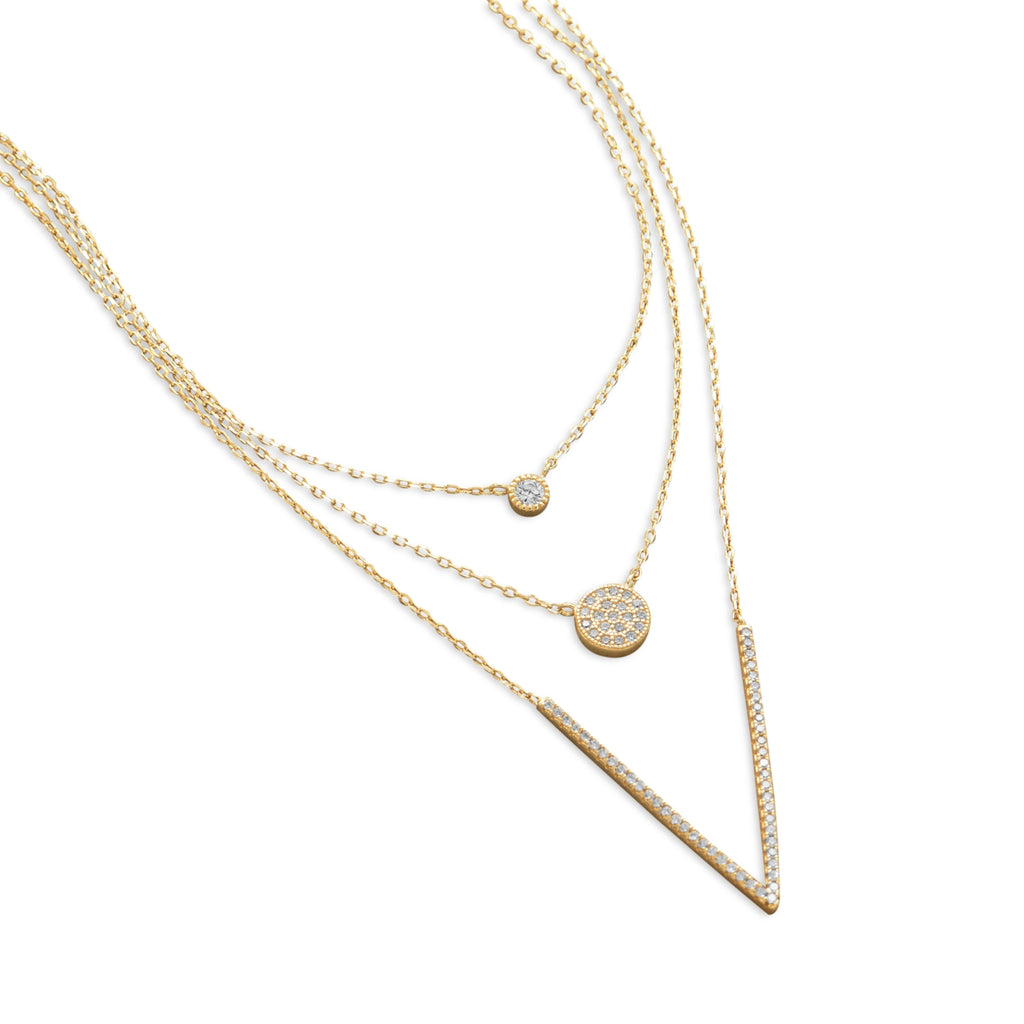 Three Strand Layered V Necklace Gold-plated Sterling Silver Cubic Zirconia