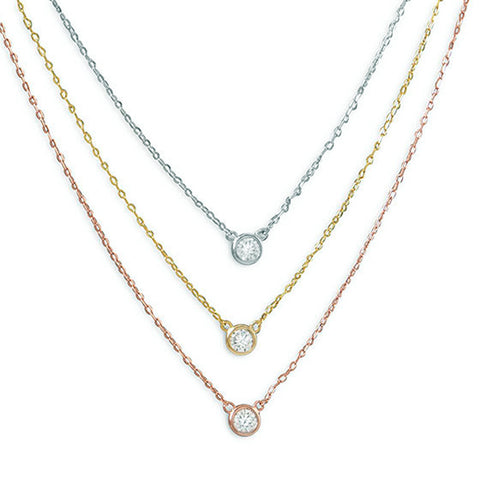 Layered Necklace Cubic Zirconia Pendants Three Tone Gold on Sterling Silver