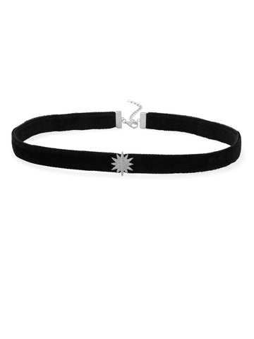 AzureBella Jewelry Black Velvet Choker Necklace with CZ Sun Star Rhodium on Sterling Silver