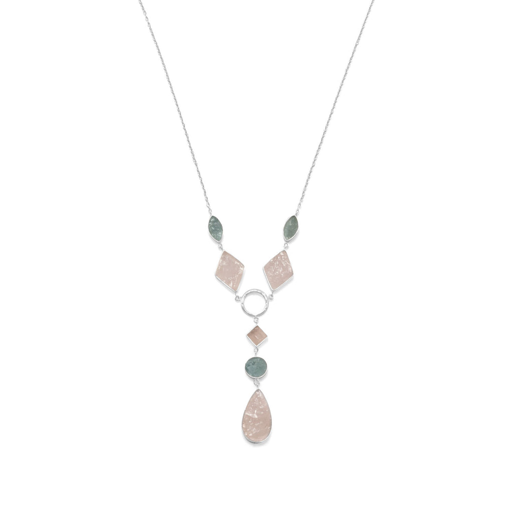 Rose Quartz and Aquamarine Y-style Necklace Sterling Silver