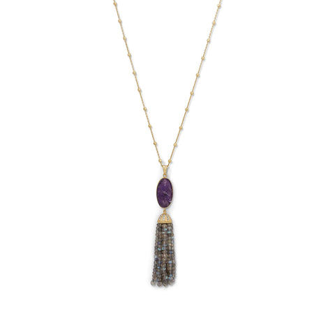 Gold-plated Sterling Silver Amethyst and Labradorite Fringe Tassel Necklace