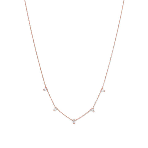 Rose Gold on Sterling Silver Necklace Baguette Cubic Zirconia Dangles Adjustable