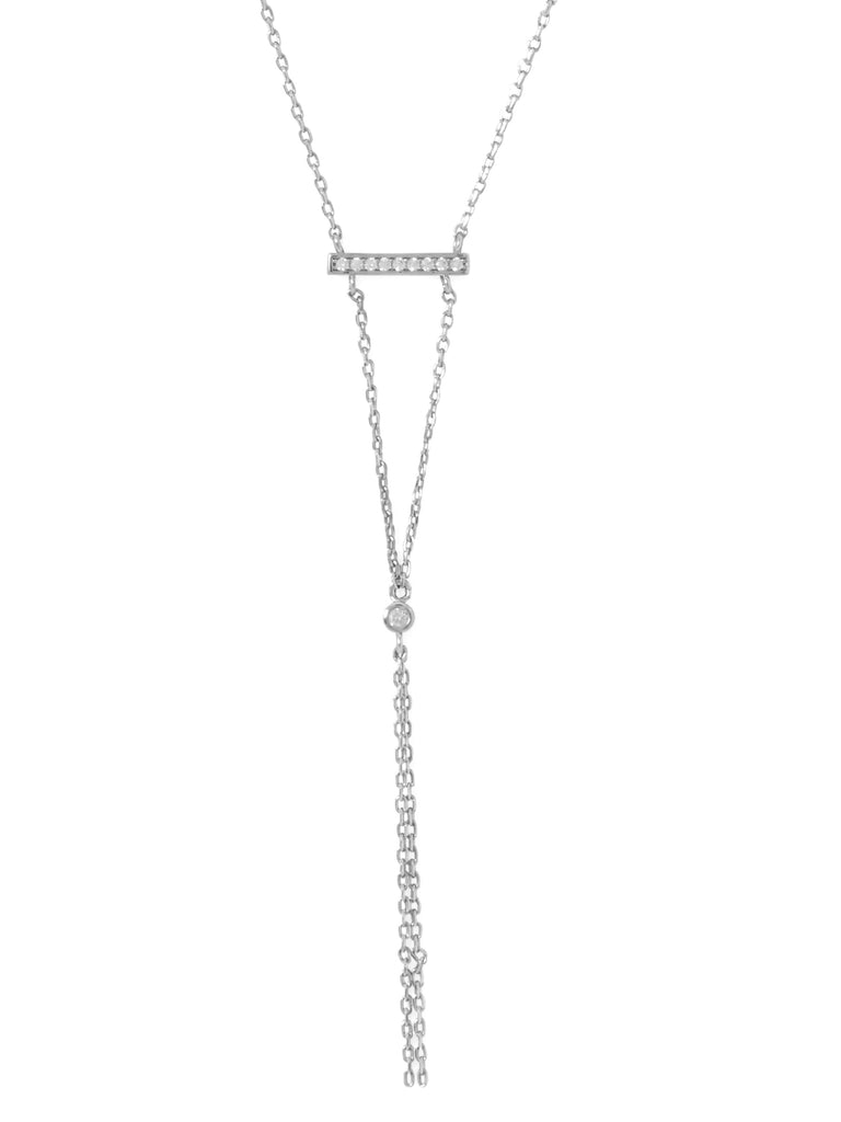 Rhodium-plated Sterling Silver Bar Y Drop Necklace with Cubic Zirconia Adjustable