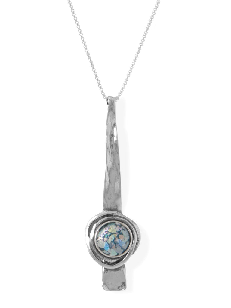 Roman Glass Necklace Textured Bar and Concentric Circle Drop Sterling Silver