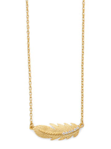 Sideways Feather Necklace Gold-plated Sterling Silver Cubic Zirconia Adjustable