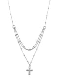 Layered Cross Necklace Rhodium on Sterling Silver Satellite Chain Bead