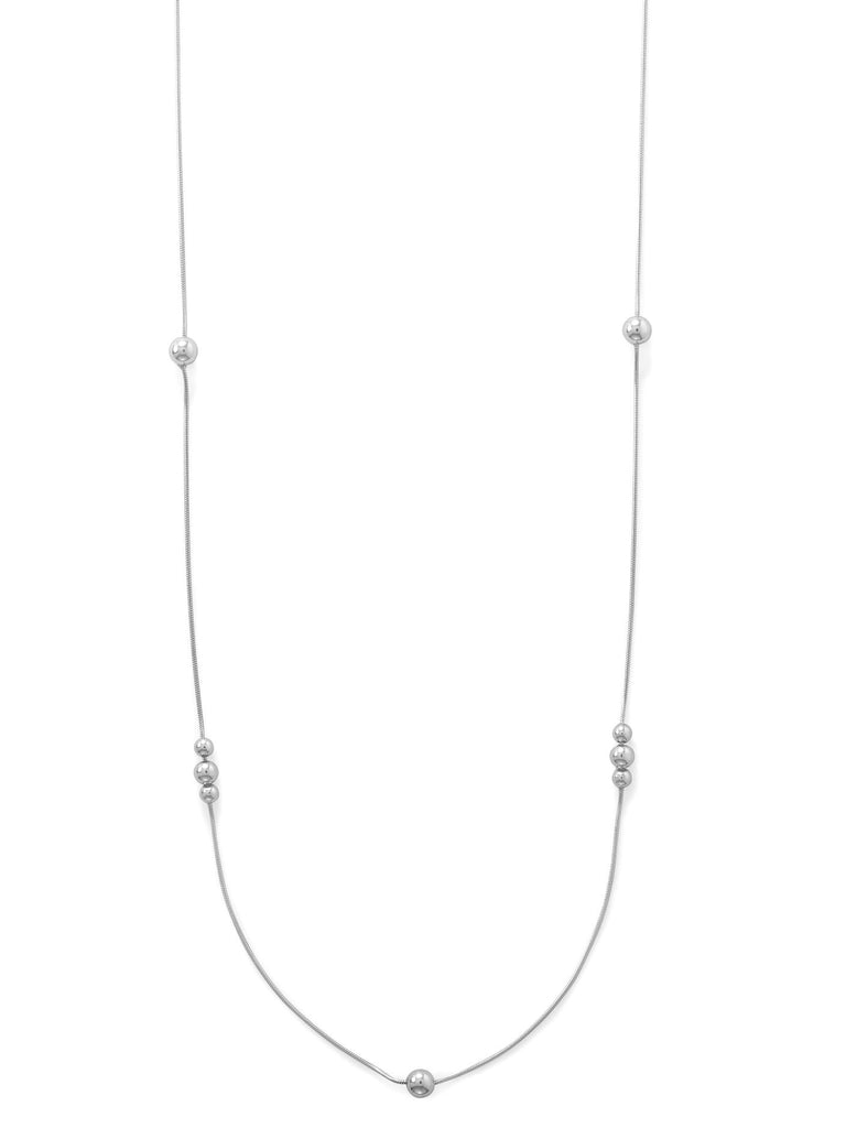 Long 34-inch Snake Chain Bead Necklace Rhodium on Sterling Silver