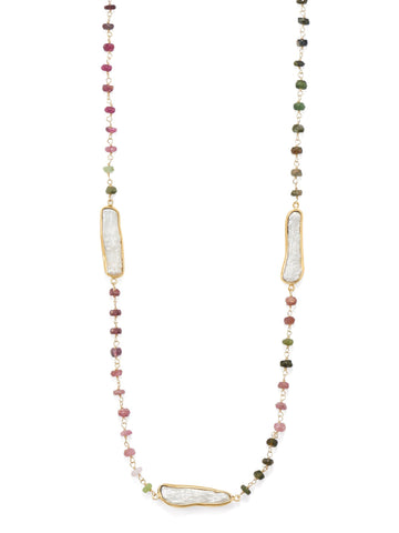 Tourmaline Bead and Cultured Freshwater Stick Pearl Necklace 24-inch Length