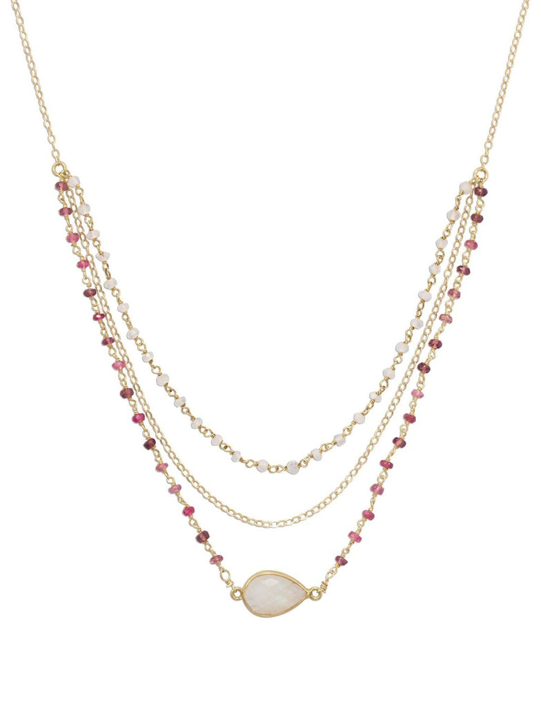 14k Gold-filled Three-Strand Rainbow Moonstone and Tourmaline Necklace
