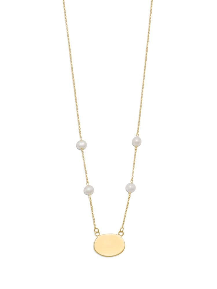 White Cultured Freshwater Pearl Oval Tag Necklace Gold-plated Sterling Silver