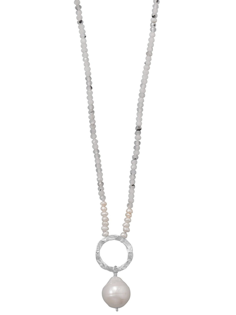 Sparkly Quartz and Cultured Freshwater Pearl Necklace with Hammered Silver Ring