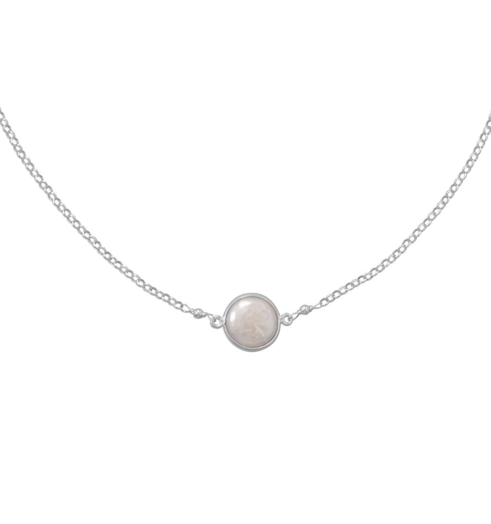 Bezel-set Cultured Freshwater Coin Pearl Necklace Sterling Silver