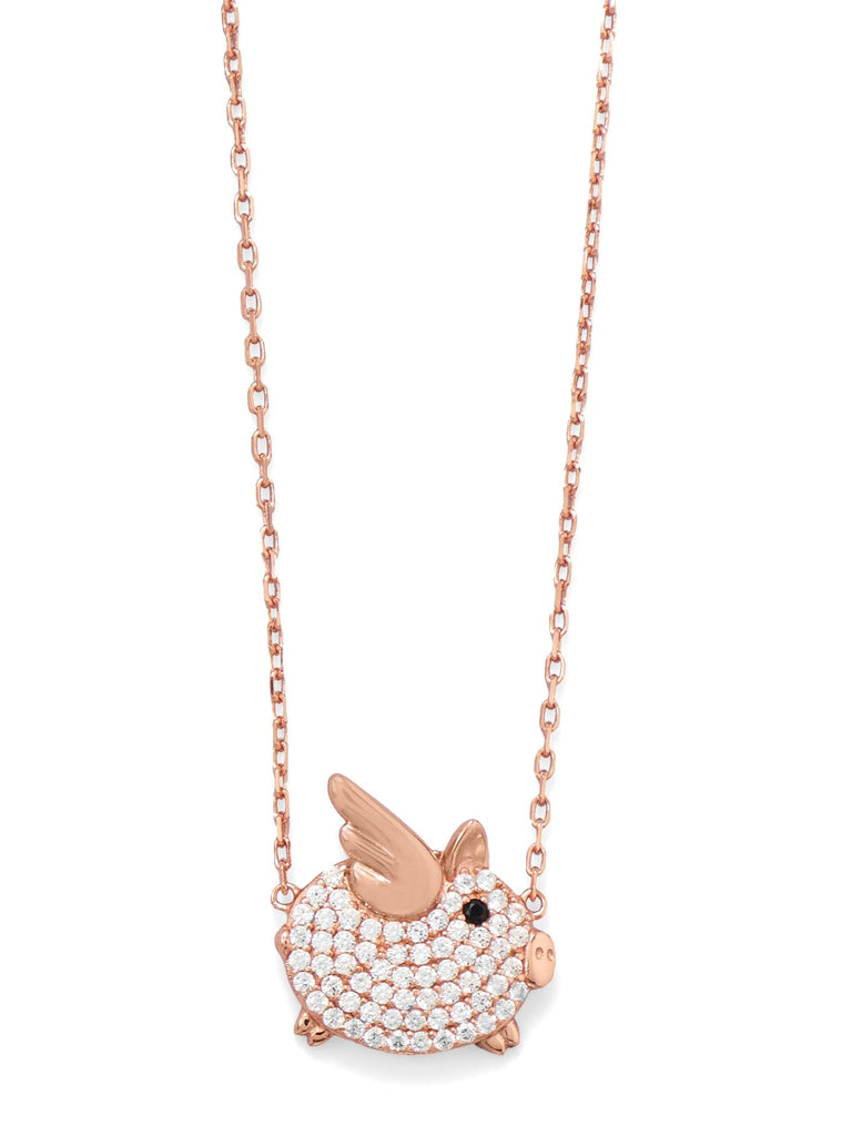 Flying Pink Pig Necklace with Cubic Zirconia 14k Rose Gold-plated on Sterling Silver