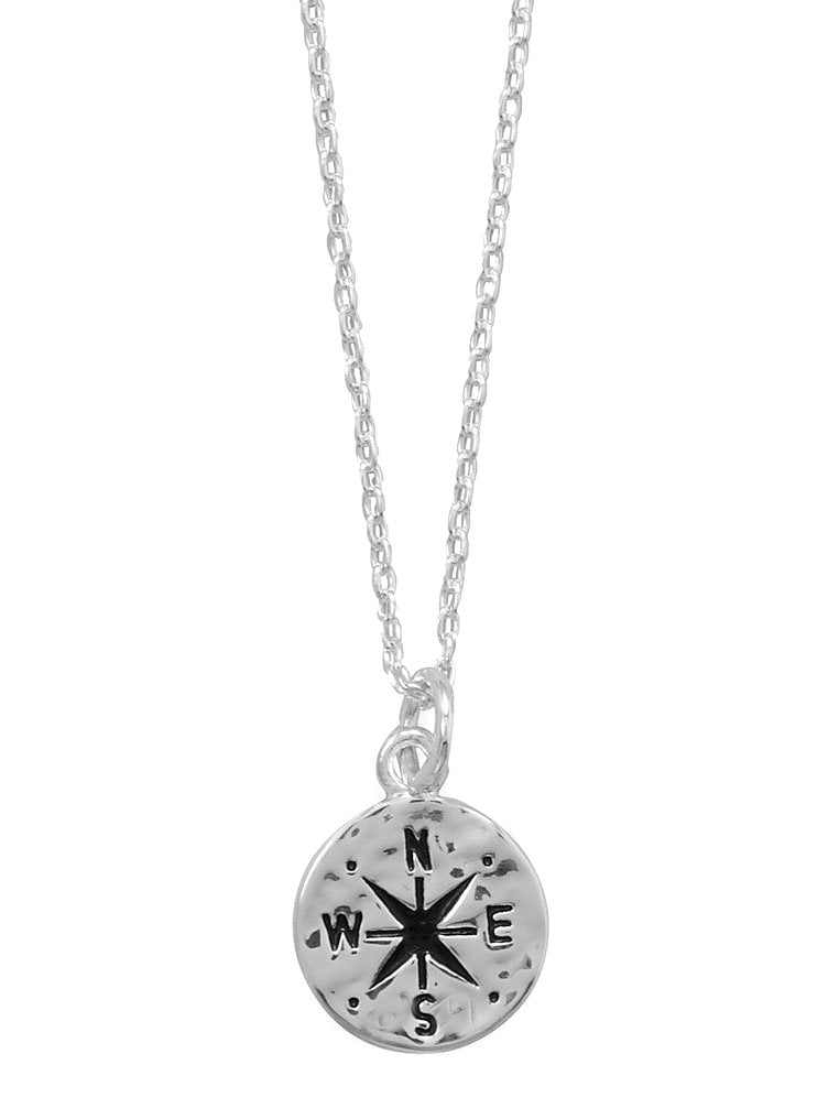 Compass Necklace  with Hammered Finish Adjustable Length Sterling Silver