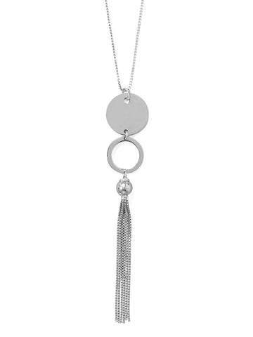 Tassel Necklace with Disk Circle and Bead Rhodium-plated Sterling Silver