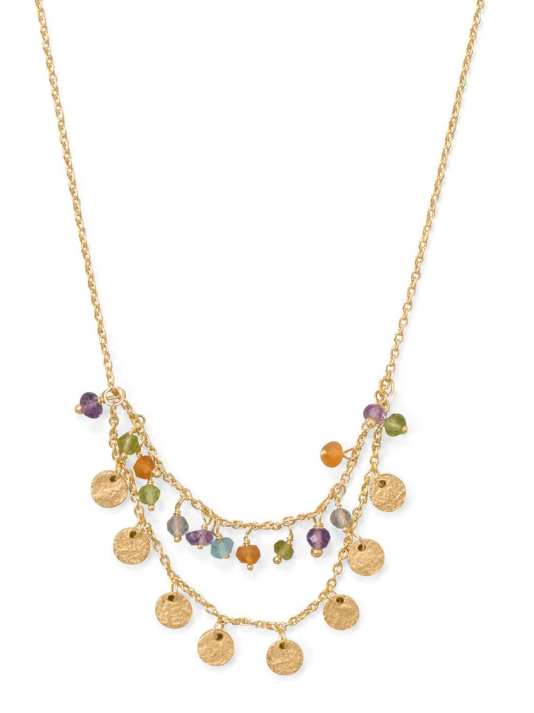 Multistone 2-strand 14k Gold-plated Silver Necklace with Gold Disks Adjustable