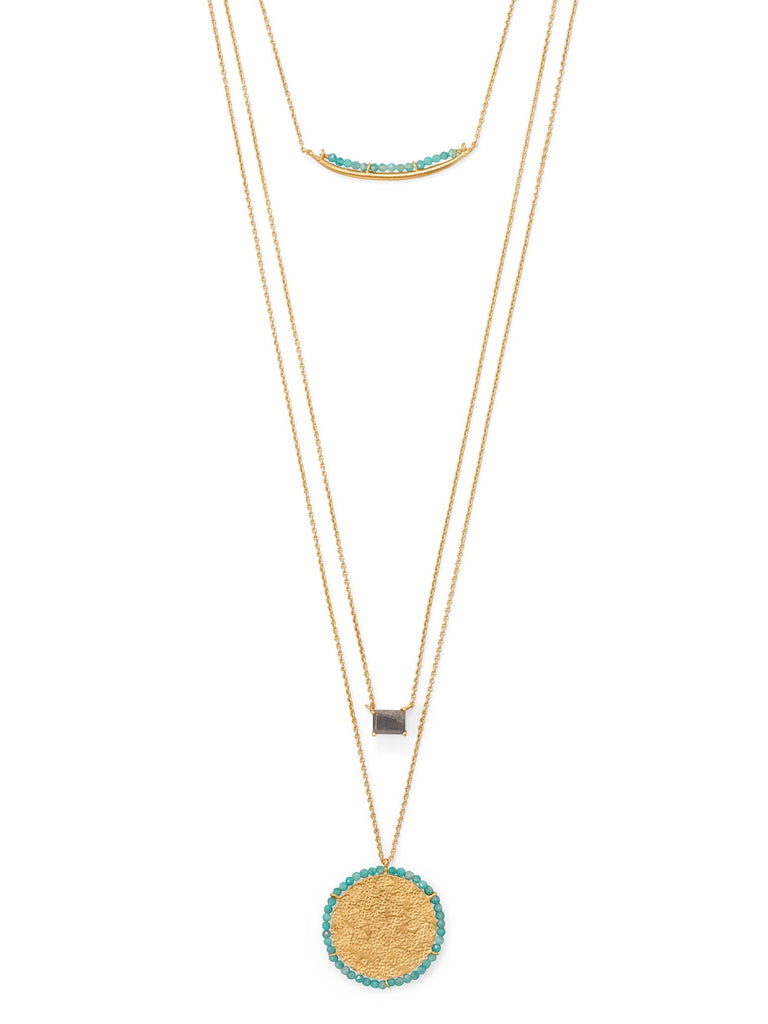 Three Strand Labradorite Amazonite Necklace with Disk Pendant Gold-plated Silver