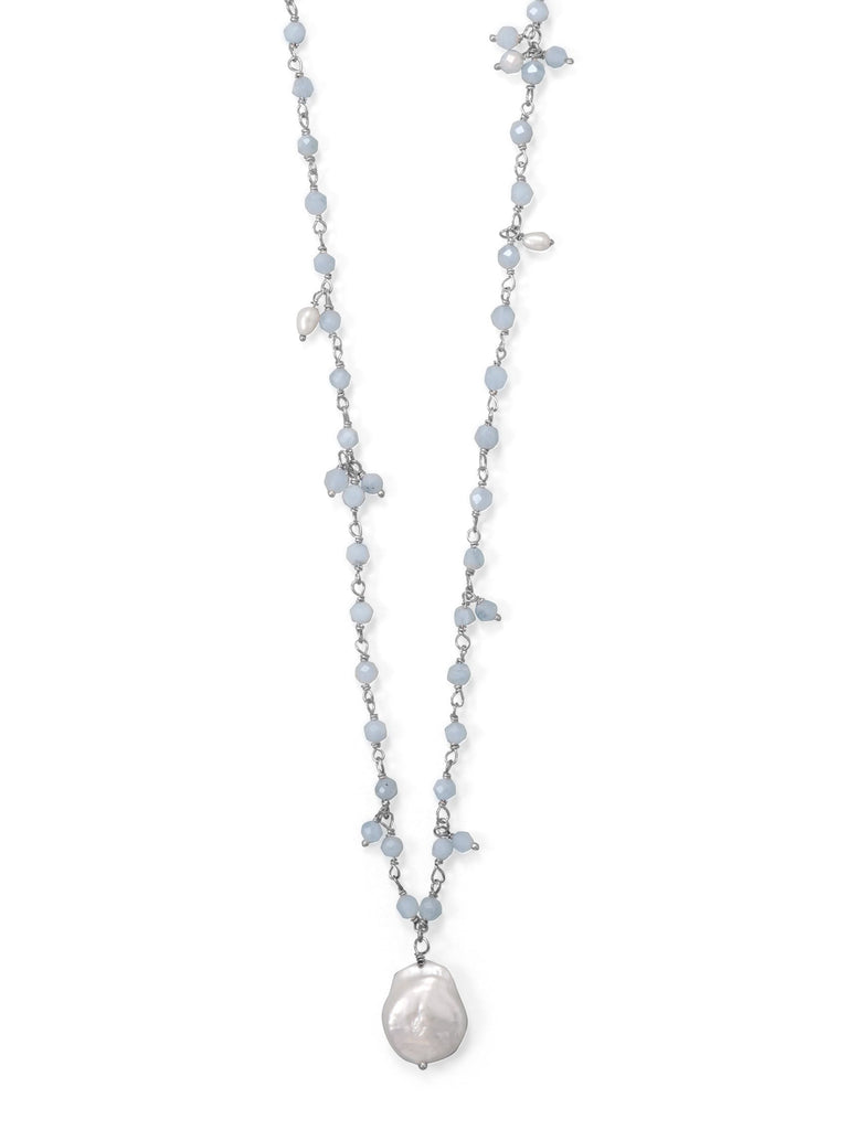 Aquamarine and Cultured Freshwater Pearl Drop Necklace Sterling Silver