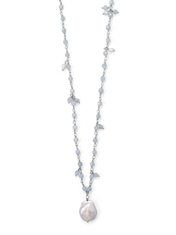 Aquamarine and Cultured Freshwater Pearl Drop Necklace Sterling Silver