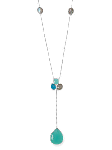 Chalcedony, Green Jade, Labradorite Y-style Necklace Sterling Silver Adjustable