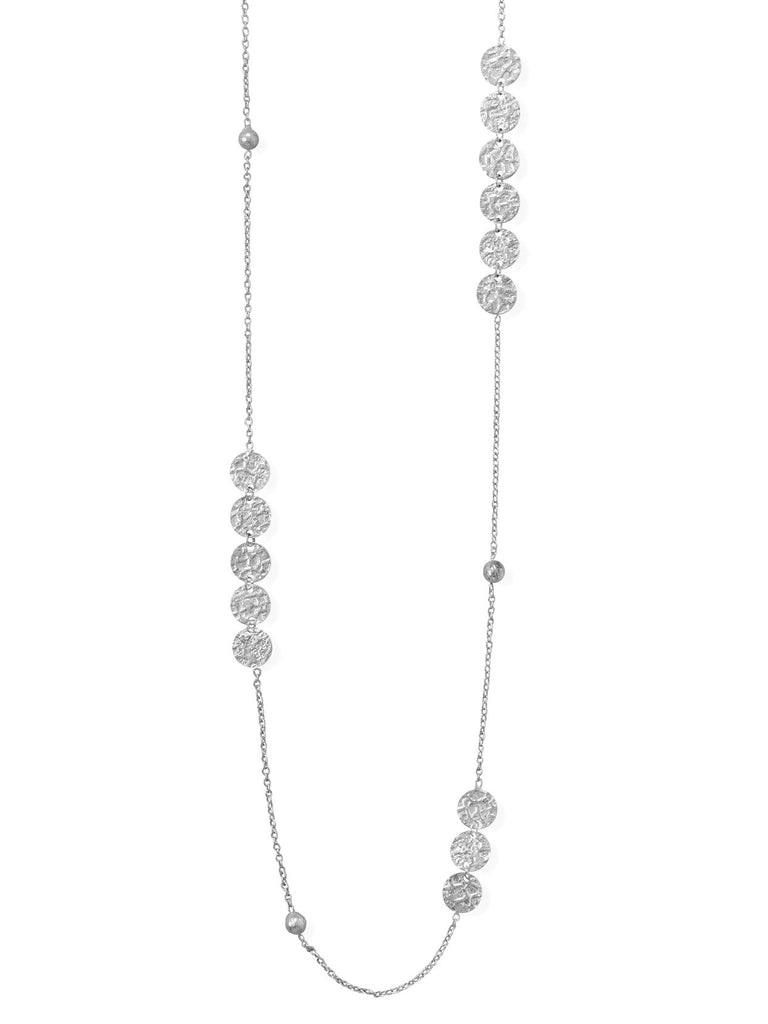 Long 36-inch Length Textured Disk and Bead Necklace Rhodium on Sterling Silver