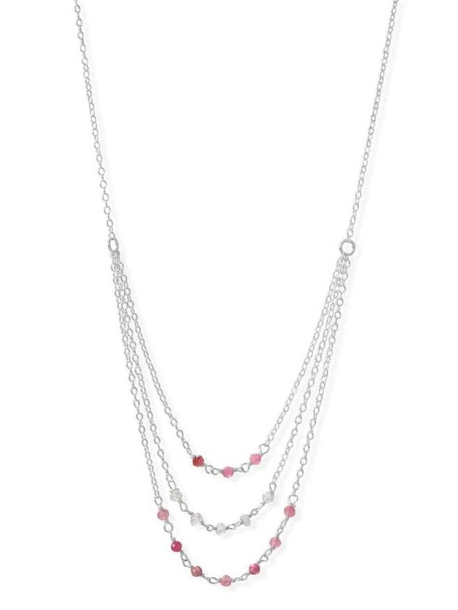 Pink Tourmaline and Rainbow Moonstone 3-Row Bead Bib Necklace Sterling Silver