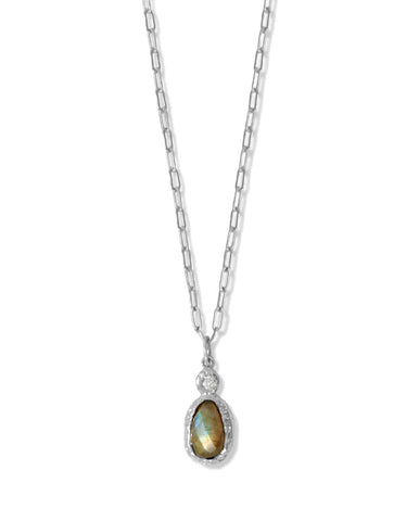 Labradorite and Cubic Zirconia Pendant Paperclip Chain Necklace Rhodium on Silver - Nontarnish, adjustable length