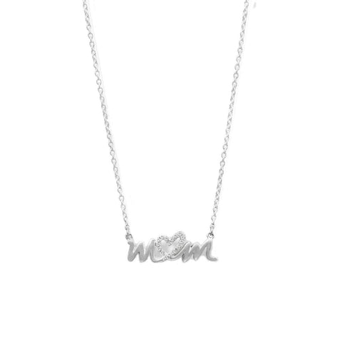 Mom Heart Necklace Sterling Silver Cubic Zirconia Adjustable Length