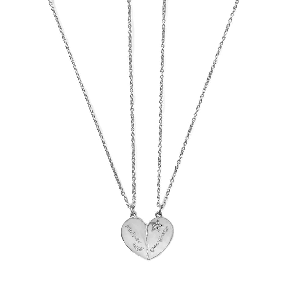 Mother Daughter Heart Necklaces with Moon and Cubic Zirconia Stars Sterling Silver