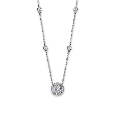 Halo Cubic Zirconia Pendant and Station Necklace Rhodium-plated Sterling Silver