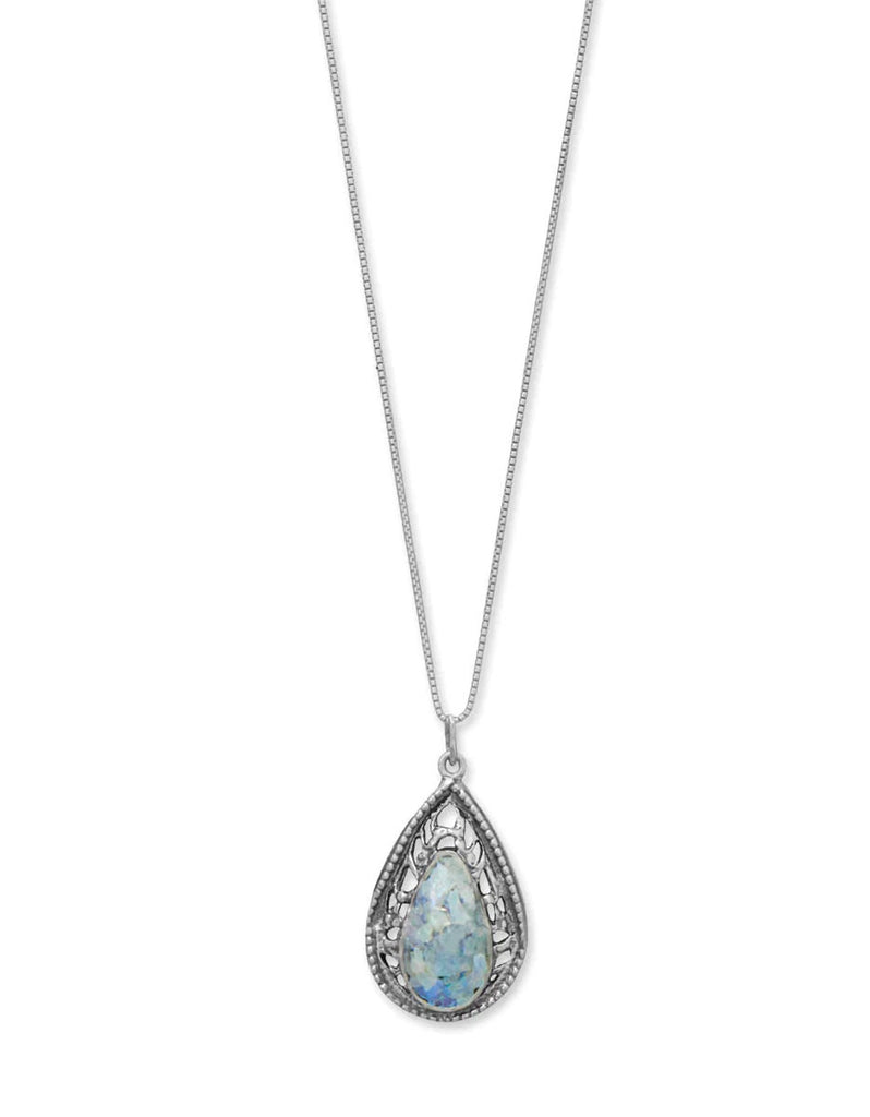 Ancient Roman Glass Necklace Teardrop Shape with Filigree and Rope Design Sterling Silver