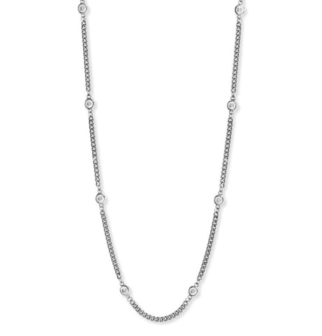 Curb Chain Station Necklace with Cubic Zirconia Rhodium on Silver, Adjustable Length