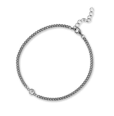 Curb Chain Bracelet with Cubic Zirconia Rhodium on Sterling Silver, Adjustable