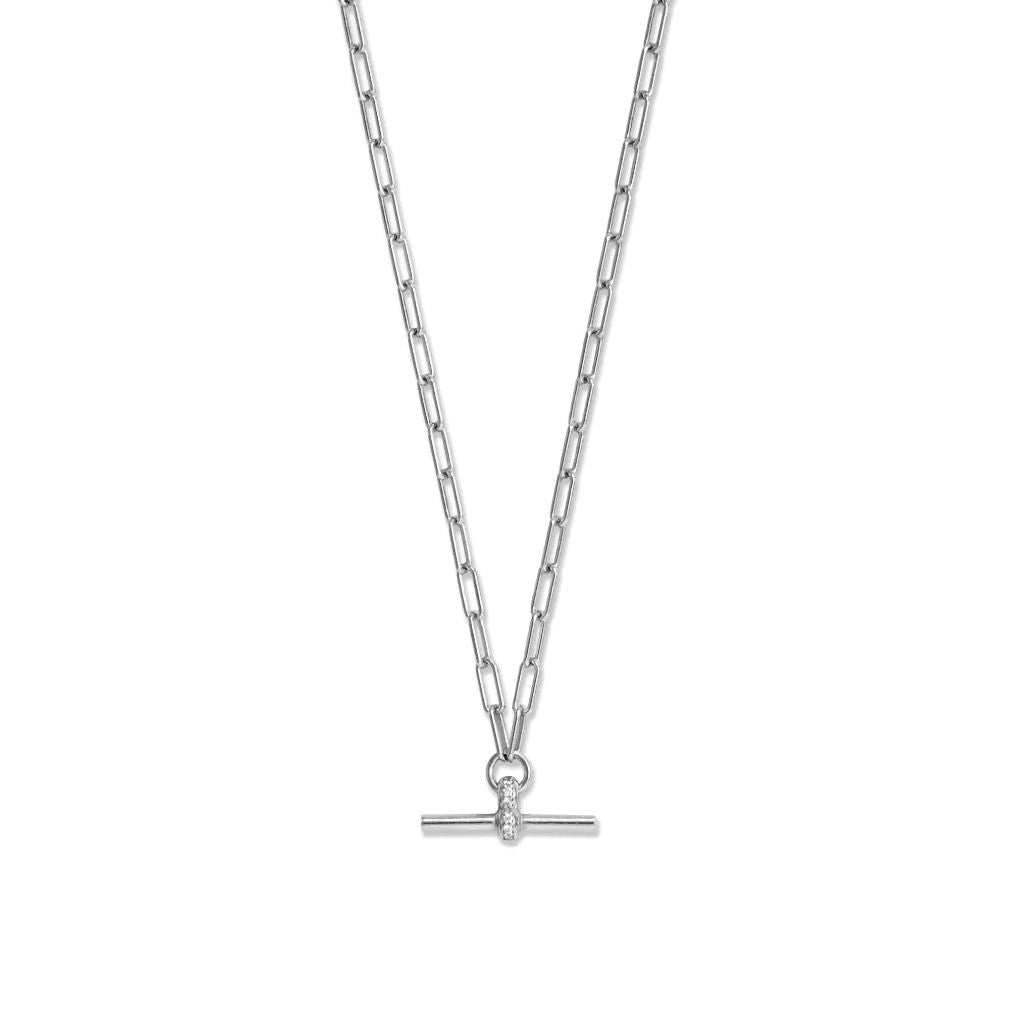 Paper Clip Chain Necklace with Toggle Bar Pendant Cubic Zirconia Rhodium on Sterling Silver