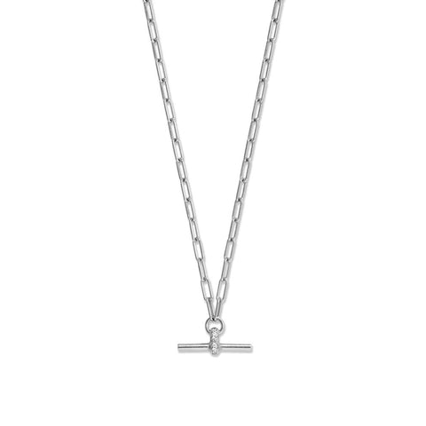 Paper Clip Chain Necklace with Toggle Bar Pendant Cubic Zirconia Rhodium on Sterling Silver