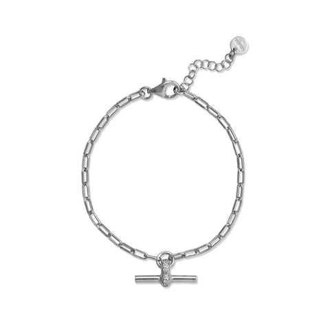 Paper Clip Chain Bracelet Toggle Bar Charm with Cubic Zirconia Adjustable Rhodium on Sterling Silver