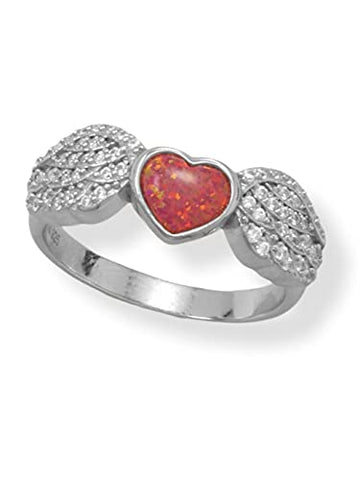 Red Opal Heart and Wing Ring with Cubic Zirconia Rhodium on Sterling Silver, 6