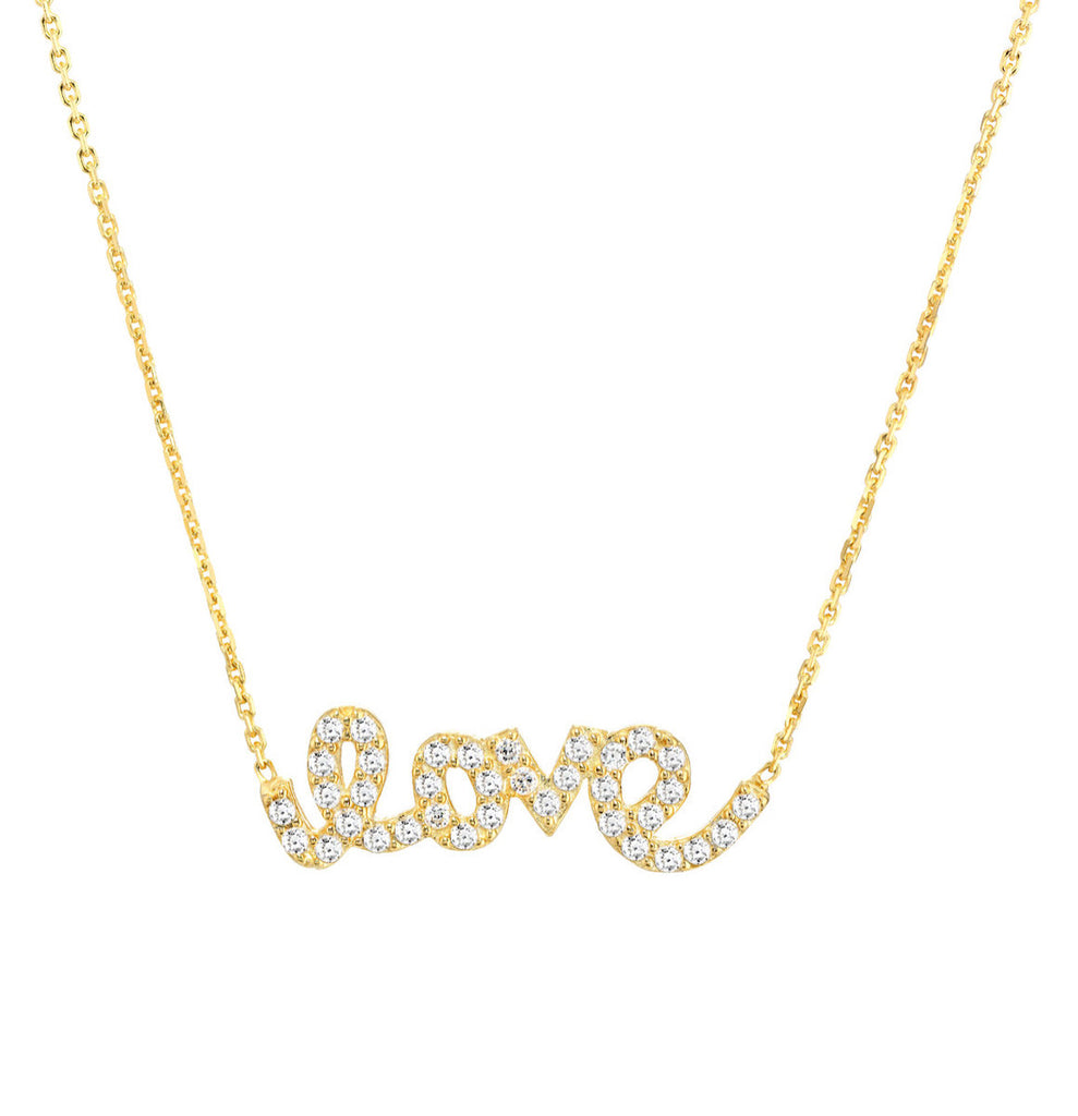 Word Love Necklace Yellow Gold on Sterling Silver with Pave Cubic Zirconia