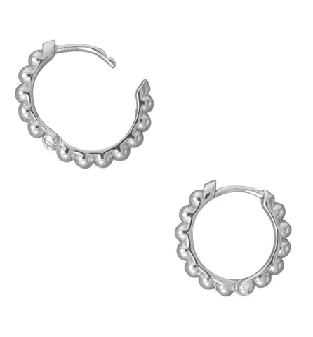 Beaded Click Huggie Hoop Earrings Rhodium on Sterling Silver 14.5mm